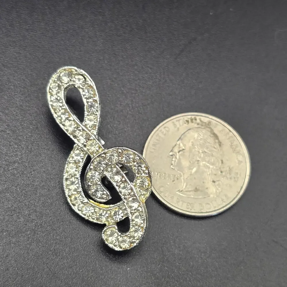 Rhinestone Treble Clef Brooch Music Note Vintage Costume Jewelry